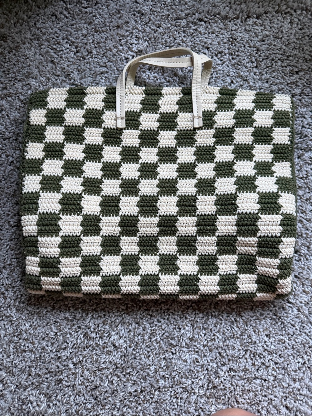 Clare V Green and White Check Crochet Tote Bag